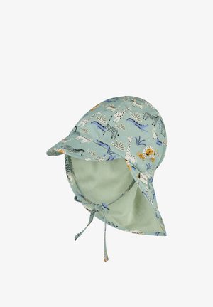 Cappello da sole per bambini azzurro chiaro con aletta per il collo, lacci da legare e stampa di animali che include leoni, giraffe, zebre e ippopotami.