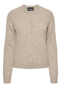 Beige strikket cardigan med rund hals, knappelukking, lange ermer og ribbede mansjetter. Laget av myk, teksturert stoff.