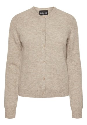 Beige knitted cardigan with a round neckline, button closure, long sleeves, and ribbed cuffs. Made from soft, textured fabric.