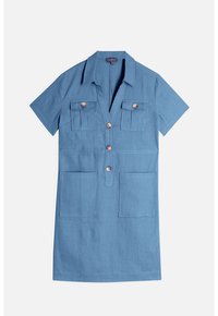 Vestito blu a maniche corte in un tessuto leggero, con due tasche sul petto, due tasche frontali, colletto e bottoni in bronzo.