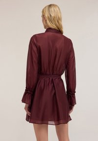 Abito in satin bordeaux con una vestibilità morbida, maniche lunghe, polsini arricciati, vita elastica e gonna svasata. Tessuto trasparente e leggero.