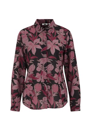 Blommig knapp-up skjorta med en mörk bakgrund och rosafärgade och burgunder blommor, långa ärmar och klassisk krage.
