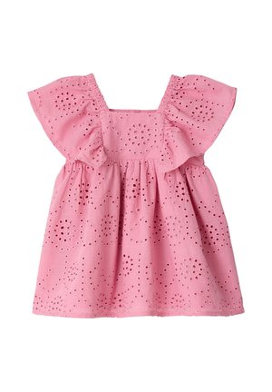 Pink toddler dress with eyelet embroidery, flutter sleeves, gathered waist, and square neckline.