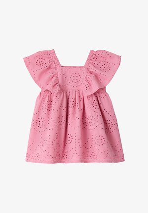 Pink toddler dress with eyelet embroidery, flutter sleeves, gathered waist, and square neckline.