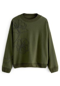 Sweter w oliwkowym odcieniu z prążkowanym dekoltem i krawędzią. Na przodzie znajduje się wypukła haftowana dekoracja kwiatowa, swobodny krój i długie rękawy.