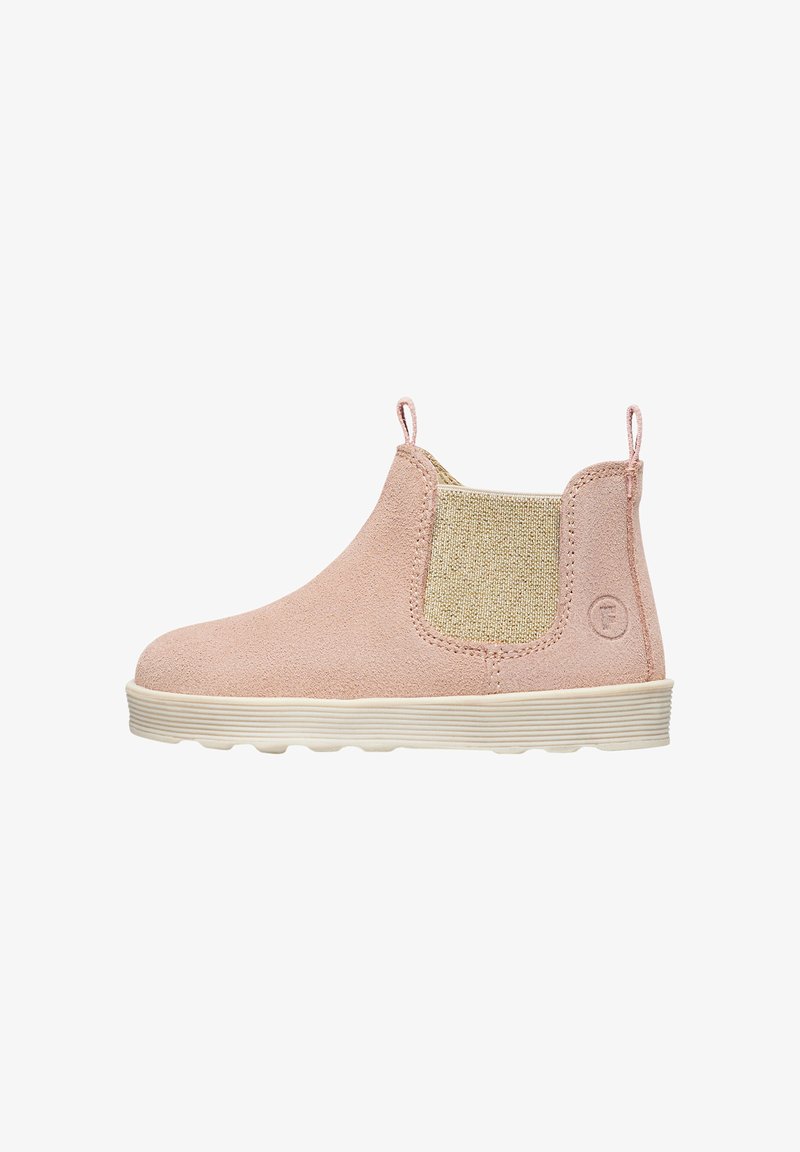 Bottine en daim rose jusqu'à la cheville avec panneau latéral élastique, semelle en caoutchouc et tirant. Présente une texture lisse et un design minimaliste.