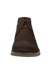 Brown suede ankle boots with a rounded toe, featuring laces and a low rubber sole. The surface has a smooth texture without patterns.