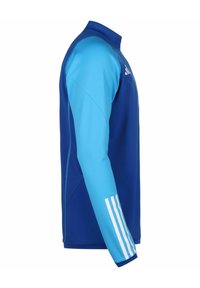 Blauw sportief langmouwen top met een lichterblauw paneel op de schouders. Bevat drie witte strepen op de mouwen en een staande kraag.