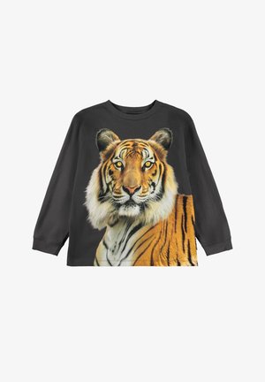 Sweatshirt cu mâneci lungi, de culoare neagră, care prezintă un grafic detaliat cu un tigru, evidențiind modele vibrante de blană portocalie și albă. Textură moale a materialului.