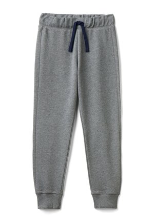 Graue Sweatpants mit elastischem Bund, dunkelblauem Kordelzug und gerippten Knöchelbündchen, flach auf einem weißen Hintergrund ausgelegt.