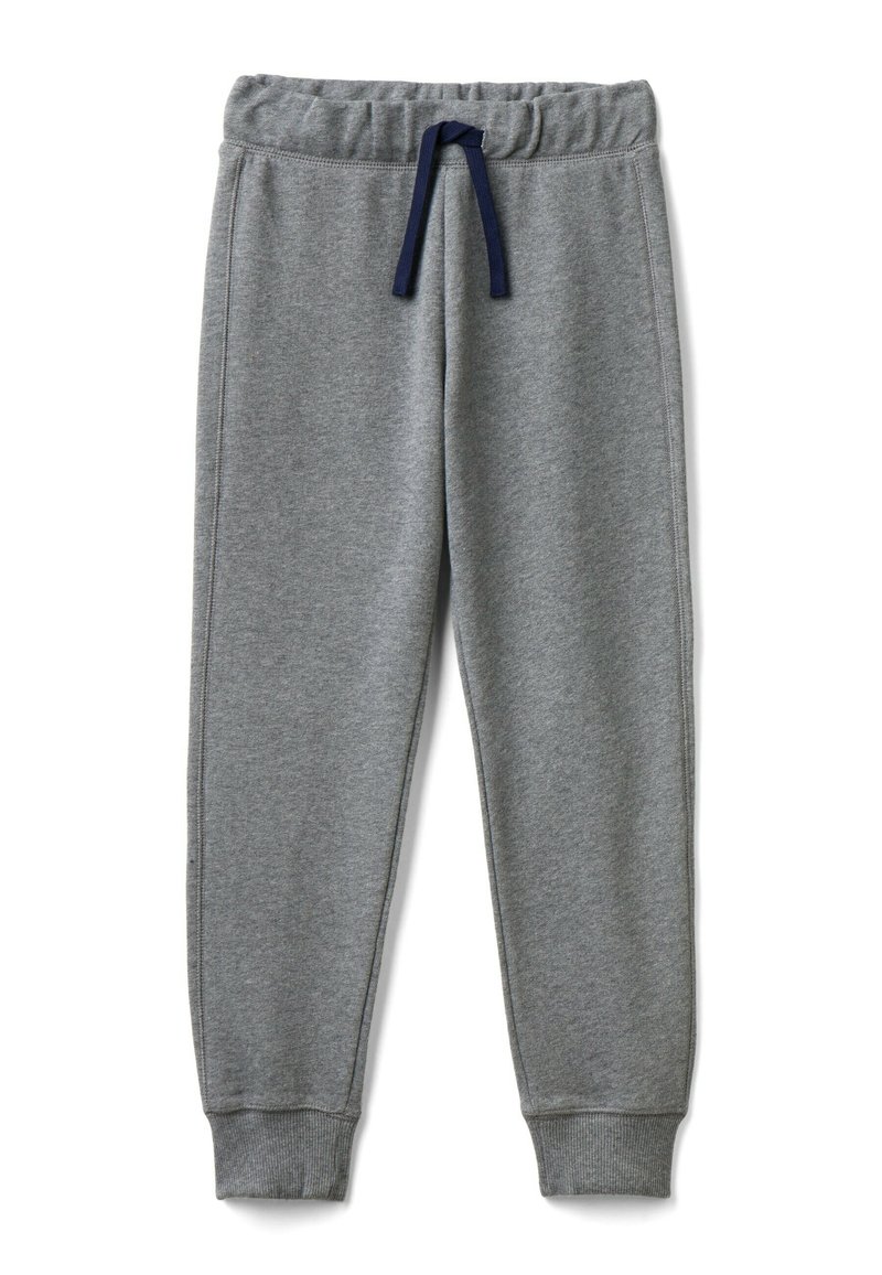 Graue Sweatpants mit elastischem Bund, dunkelblauem Kordelzug und gerippten Knöchelbündchen, flach auf einem weißen Hintergrund ausgelegt.