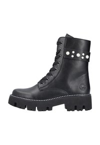 Bottes noires à la cheville en cuir synthétique, avec un bout rond, un laçage à l'avant, des accents de perles cloutées et une semelle robuste.