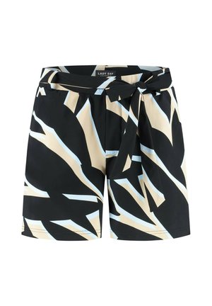 Zwarte shorts met beige en lichtblauwe abstracte geometrische patronen, met een gebonden stoffen riem in de taille.