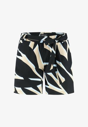 Zwarte shorts met beige en lichtblauwe abstracte geometrische patronen, met een gebonden stoffen riem in de taille.