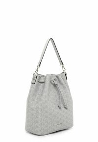 Borsa a secchiello grigia con chiusura a coulisse regolabile, tracolla singola bianca e motivo ripetitivo "TMRS".