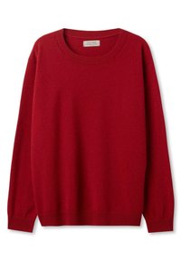 Pull rouge à manches longues avec col rond en cachemire, avec poignets, ourlet et encolure côtelés.