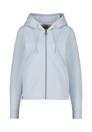 Lichtblauwe zip-up hoodie van zacht materiaal. Heeft een capuchon, een trekkoord en geribbelde manchetten. Geen opvallende patronen of accenten zichtbaar.
