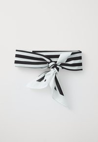 Striped headband in black and light blue cotton fabric, featuring a knotted detail at the front and tied ends with a smooth texture.