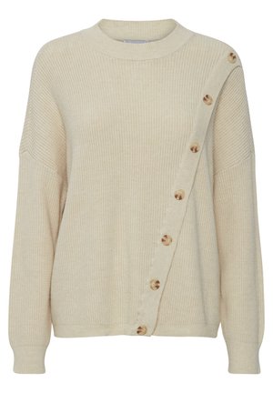 Beige, bordás pulóver magas nyakkal, bő szabással és egy oldalon átlósan elhelyezett nagy gombokkal. Puha tapintású és laza stílusú.