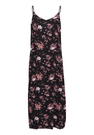 Floral, sleeveless dress in black fabric, featuring pink and white flower patterns, relaxed fit, and thin adjustable straps.