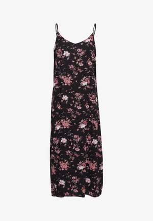 Robe sans manches en tissu noir, ornée de motifs de fleurs roses et blanches, coupe décontractée et fines bretelles réglables.