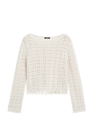 Pull en tricot crochet crème avec une coupe ample, des manches longues et un ourlet en forme de vagues. Présente des motifs tissés ouverts pour une texture respirante.