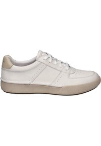 Valkoinen nahkakengät, joissa on sileä viimeistely, pyöreä varvaskärki, litteät nauhat, rei'itetyt yksityiskohdat sivuilla ja kermanvärinen kumipohja.