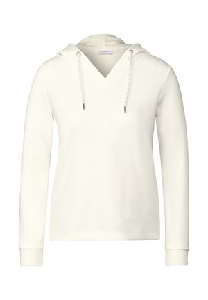 Vitt huva sweatshirt med V-ringning, med dragsko och långa ärmar. Slät tyg med ribbade ärmslut. Inga mönster eller detaljer.