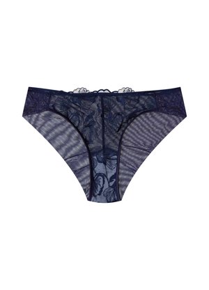 Granatowe koronkowe majtki z kwiatowym wzorem, półprzezroczysty materiał, falbaniaste brzegi i elastyczny pas. Charakteryzują się misternymi detalami.