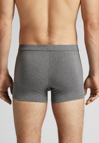 Boxer shorts de algodón gris con un diseño ajustado, una cinturilla suave y piernas cortas, mostrando una textura suave en la vista posterior.