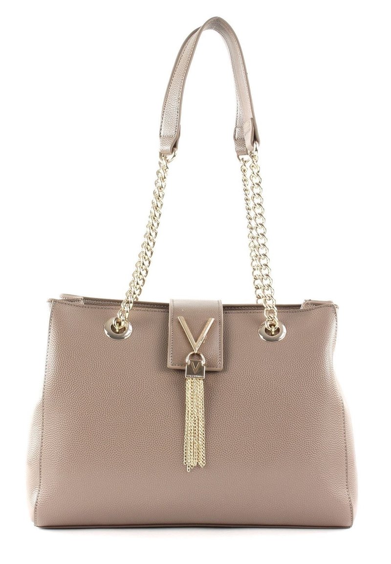 Brown textured leather handbag with chain strap, gold hardware, V-shaped accent, and a tassel detail hanging from the front clasp.