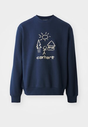 Navy blue sweatshirt featuring a cream graphic with a sun, tree, stick figure, and house. Made from a soft, textured fabric with ribbed cuffs.