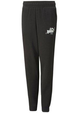 Zwarte Puma trainingsbroek met elastische tailleband, taps toelopende pijpen, zijzakken en het Puma-logo op de bovenste linker dij.