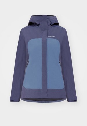Veste imperméable avec un corps violet foncé et des panneaux avant bleu clair, deux poches latérales, une capuche et des poignets ajustables.