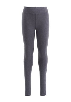 Grå leggings tillverkade av elastisk tyg, med en slät yta och en åtsittande design. Har en bred, elastisk midja och inga synliga mönster.