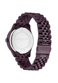 Paarse roestvrijstalen horloge met een schakelarmbandontwerp, met een ronde wijzerplaat, gegraveerde achterkant van de kast en een veilige sluiting. Waterbestendig tot 5 ATM.