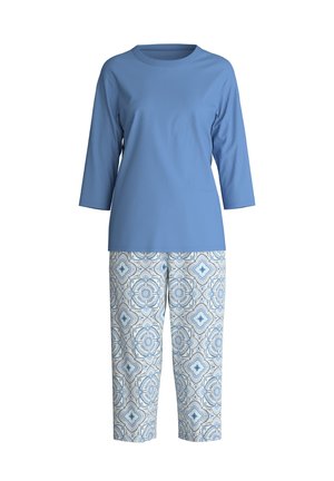 Light blue cotton top with three-quarter sleeves paired with patterned blue and white cropped pants featuring floral designs.