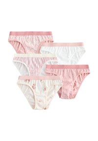 Lot de cinq paires de sous-vêtements pour femmes en tons roses et blancs. Designs variés incluant des motifs floraux et des rayures, avec un tissu doux et des ceintures élastiques.