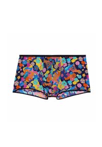 Färgglada boxerkalsonger med blommönster på en mörk bakgrund. Tillverkade av ett glatt tyg, med livfulla flerfärgade blommor och virvlar.