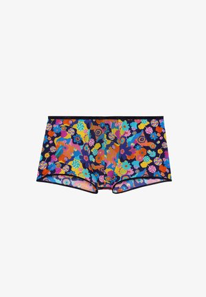 Kleurrijke bloemenprint boxershorts met een donkere achtergrond. Gemaakt van een gladde stof, versierd met levendige kleurrijke bloemen en krullen.