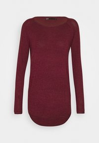 Maglietta bordeaux a maniche lunghe con scollo rotondo, texture liscia, orlo curvo e maniche raglan, realizzata in un tessuto morbido e leggero.
