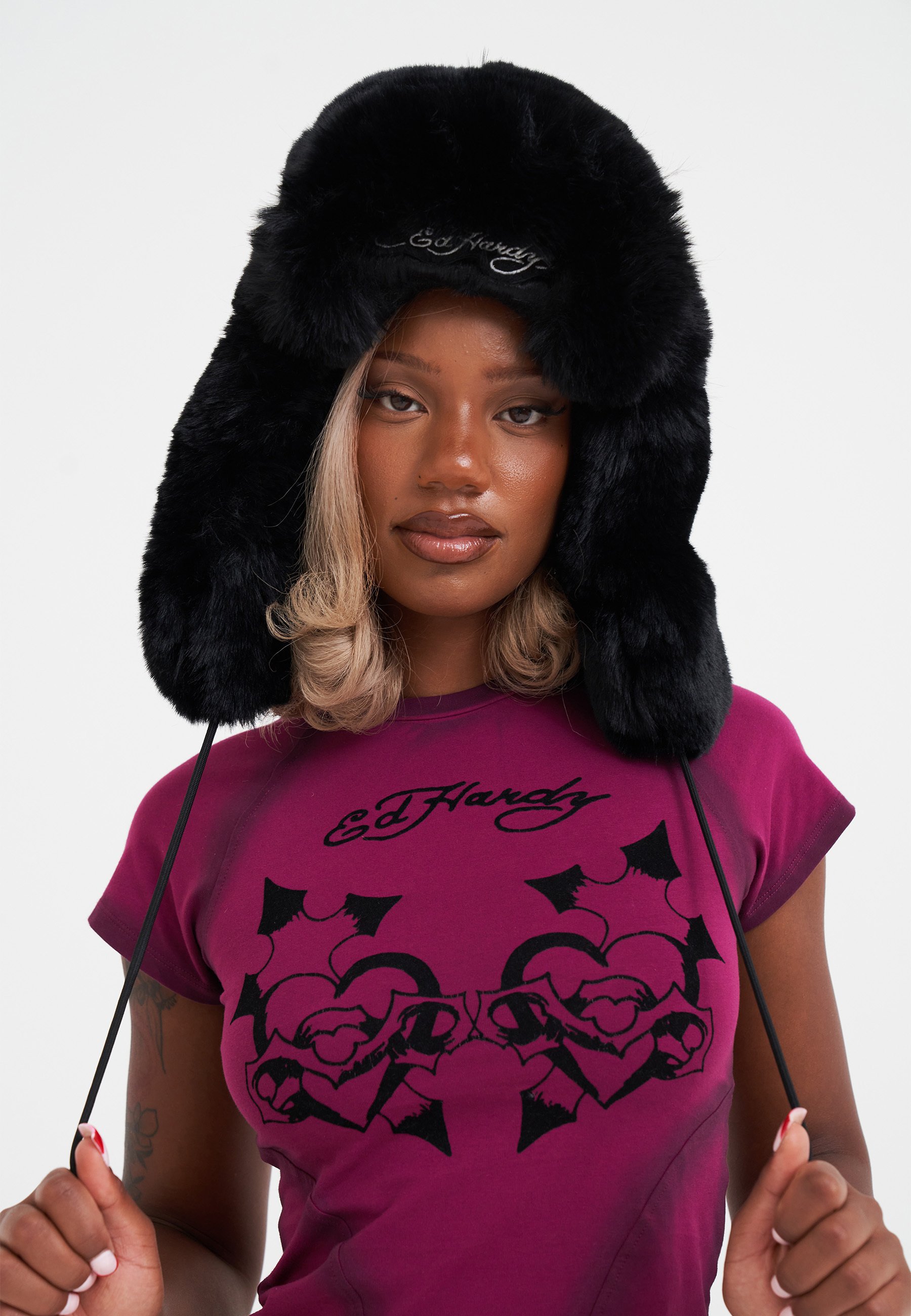 2pcs ED HARDY Unisex Black Faux Fur Beanie One Size New 2 Pack Ed Hardy Unisex main image 2
