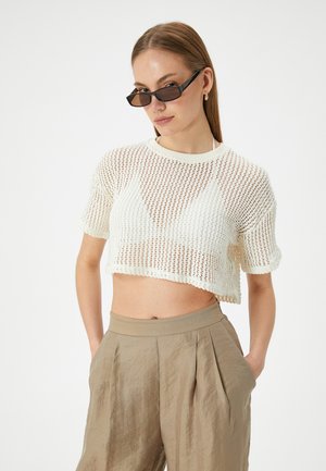 Koton SHORT SLEEVE CROP AJOURE   - Camiseta básica - off white