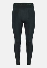 Schwarze Sportleggings aus dehnbarem Material, mit einer figurbetonten Passform, breitem Taillenbund und subtilen strukturierten Akzenten an den Unterschenkeln.