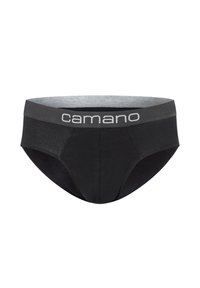 Zwarte katoenen slip met een grijze tailleband waarop "camano" in zilveren letters is gedrukt. Glad textuur en een aansluitend ontwerp.