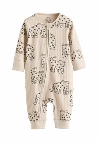 Beige ribbed baby onesie featuring playful grey animal patterns, long sleeves, full-length zipper, and ribbed cuffs for comfort.
