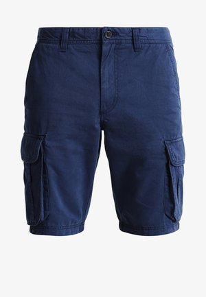 Sötétkék cargo sort könnyű anyagból, két oldalsó zsebbel, gombos záródással, és jól megkülönböztetett varrási részletekkel.