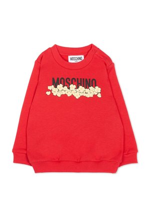 Rode baby-sweatshirt met zwarte "MOSCHINO" tekst en gele popcornafbeelding op de borst, geribbelde manchetten en drukknoopjes op de schouders.