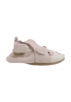 Weiche rosa Wildlederschuhe mit runder Zehenform, ausgestattet mit einer weißen Kappe und Ohrakzenten. Enthält einen Klettverschluss für einfaches Schließen.