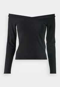 Black long-sleeve top with an off-the-shoulder design, featuring a V-neckline and smooth, stretchy fabric.